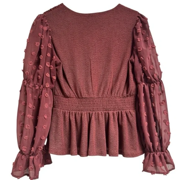 Anthropologie Ember Maroon Long Sleeve Textured Peplum Blouse Small - Picture 4 of 12